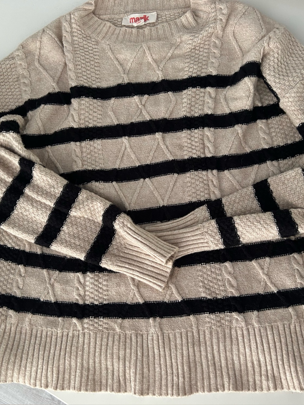 Mazik Beige Crewneck Sweater with Black Stripes